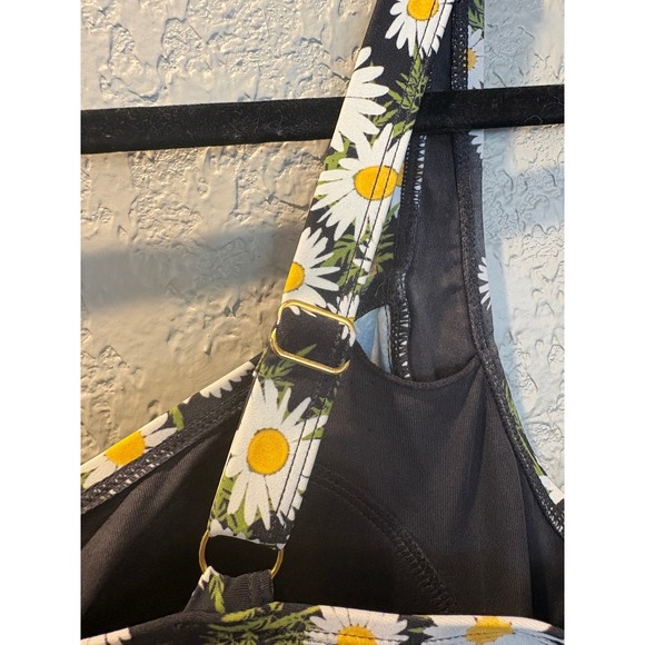 Daisy Print One Piece Swimsuit Black Floral Ruched Bathing Suit - Picture 6 of 10